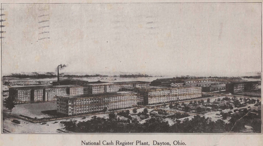 early photo of national cash register factory, main and stewart streets