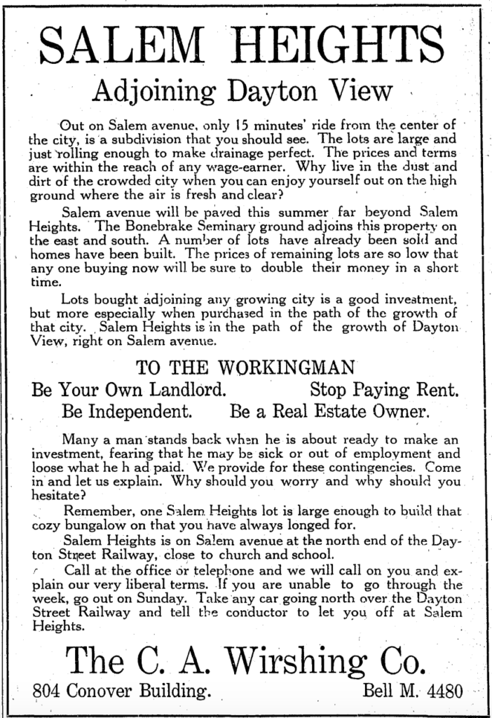 Salem Heights Advertisement 1912