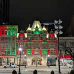 dayton arcade third street hotel building lit up at night