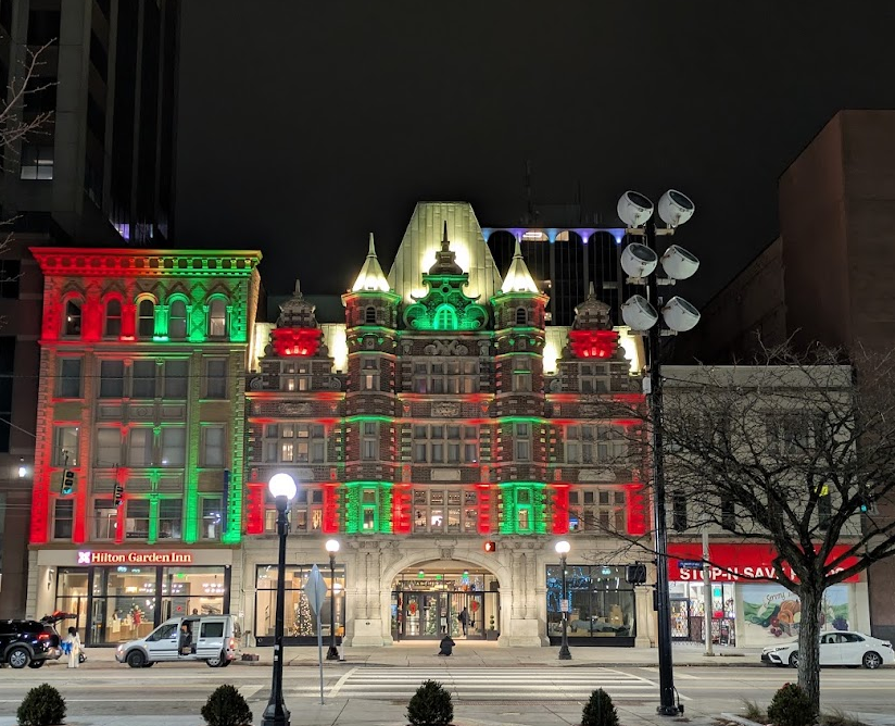 dayton arcade third street hotel building lit up at night